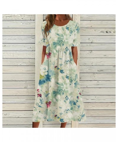 Summer Dresses 2024 Women Floral Pleated Midi Dress Short Sleeve Crew Neck Loose Fit Sundress Casual Tunic Dress 05-mint Gree...