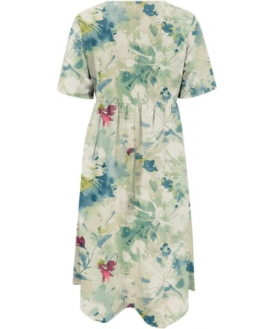 Summer Dresses 2024 Women Floral Pleated Midi Dress Short Sleeve Crew Neck Loose Fit Sundress Casual Tunic Dress 05-mint Gree...