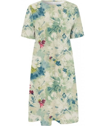 Summer Dresses 2024 Women Floral Pleated Midi Dress Short Sleeve Crew Neck Loose Fit Sundress Casual Tunic Dress 05-mint Gree...