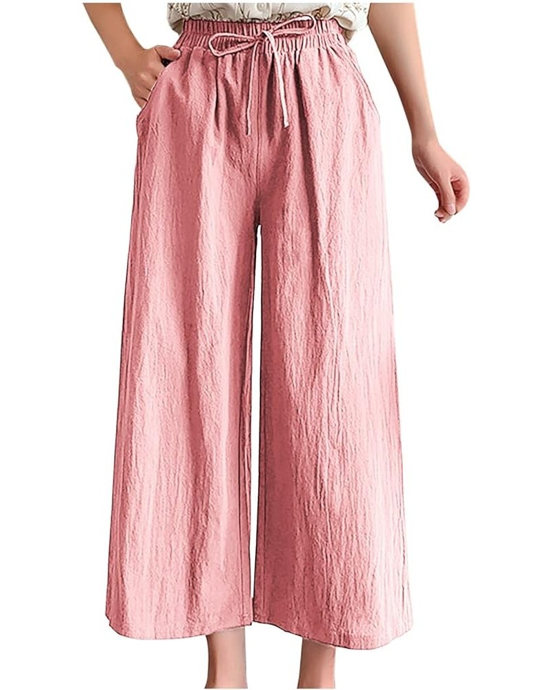 Women's Linen Pants Straight Leg Summer Casual Sweatpants Comfy Elastic Waist Workout Capris Trousers with Pockets 06-pink $6...