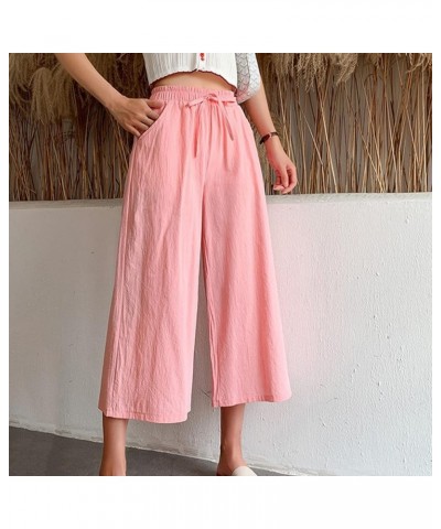 Women's Linen Pants Straight Leg Summer Casual Sweatpants Comfy Elastic Waist Workout Capris Trousers with Pockets 06-pink $6...