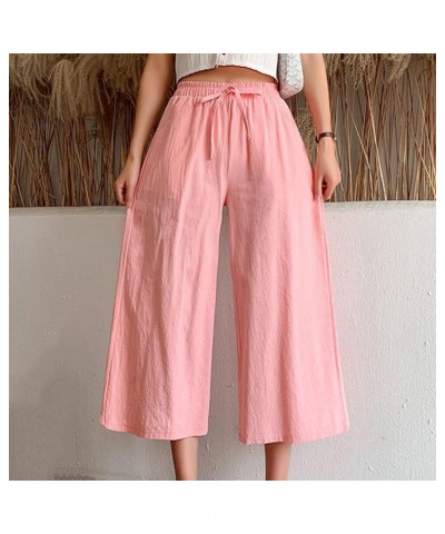 Women's Linen Pants Straight Leg Summer Casual Sweatpants Comfy Elastic Waist Workout Capris Trousers with Pockets 06-pink $6...