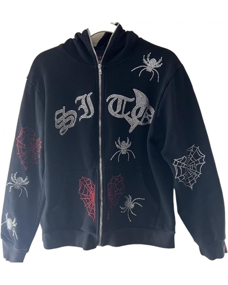 Women Full Zip Up Hoodies Y2K Spider Web Rhinestone Oversized Hoodie Over Face Skull Jackets Punk Streetwear C Black $14.33 H...