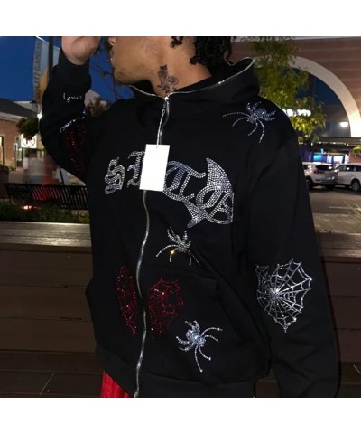 Women Full Zip Up Hoodies Y2K Spider Web Rhinestone Oversized Hoodie Over Face Skull Jackets Punk Streetwear C Black $14.33 H...