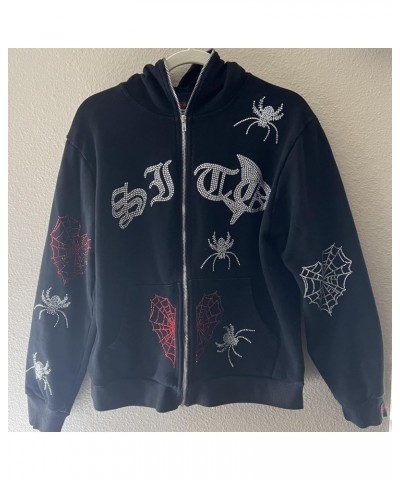 Women Full Zip Up Hoodies Y2K Spider Web Rhinestone Oversized Hoodie Over Face Skull Jackets Punk Streetwear C Black $14.33 H...