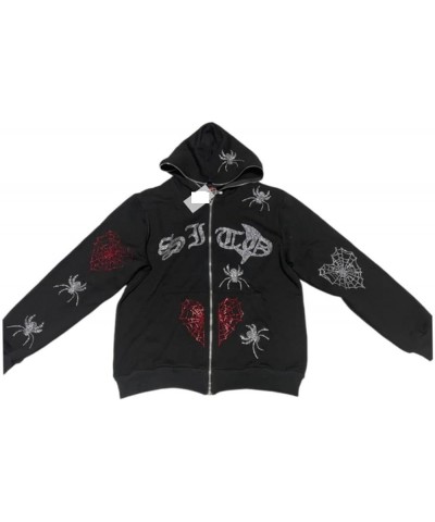 Women Full Zip Up Hoodies Y2K Spider Web Rhinestone Oversized Hoodie Over Face Skull Jackets Punk Streetwear C Black $14.33 H...