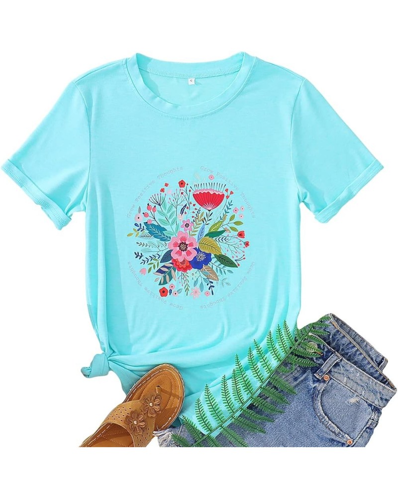 Women's Flower Graphic Summer T Shirt Loose Floral Printed Blouse Tops Round Neck Girls Short Sleeve Casual Tees Sky Blue-b $...