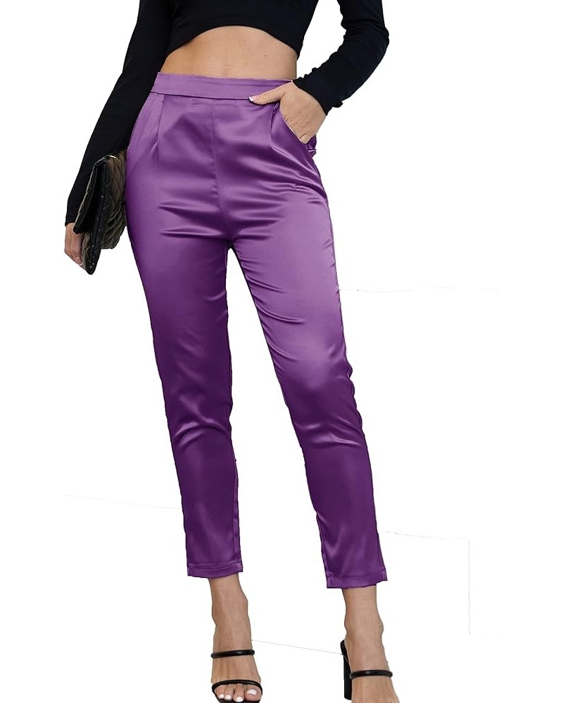 Women's Satin Pants Dress Casual Pleated Pull on High Waist Pants with Pockets Drape Purple $16.80 Pants