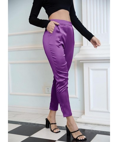 Women's Satin Pants Dress Casual Pleated Pull on High Waist Pants with Pockets Drape Purple $16.80 Pants