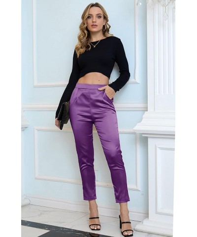 Women's Satin Pants Dress Casual Pleated Pull on High Waist Pants with Pockets Drape Purple $16.80 Pants