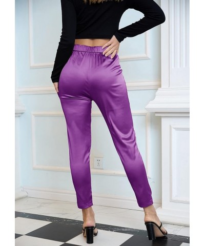 Women's Satin Pants Dress Casual Pleated Pull on High Waist Pants with Pockets Drape Purple $16.80 Pants