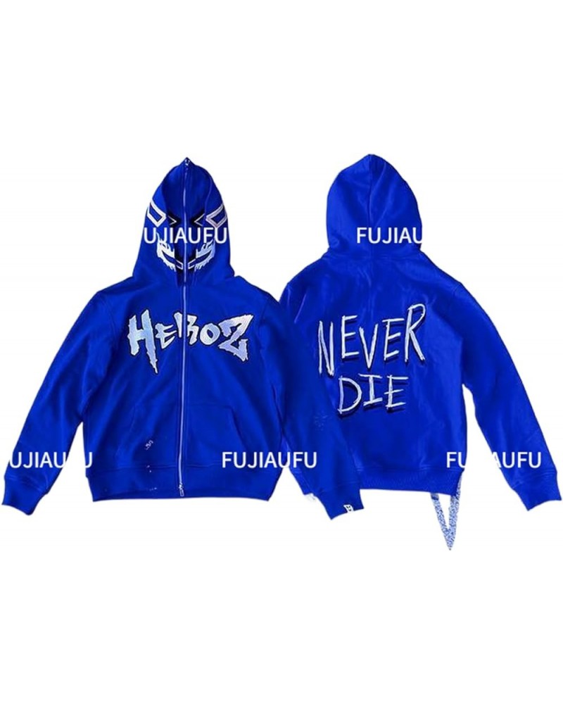 Women Men Full Zip Up Designer Hoodies Y2k Goth Hoodies Harajuku Graphic Print Oversized Jacket Streetwear B-blue Double Hat ...