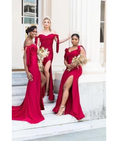 Off Shoulder Bridesmaid Dresses 2024 Satin Mermaid Prom Dress with Slit Ruched Long Formal Gowns Pink $40.32 Dresses