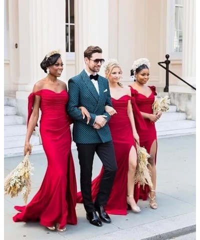 Off Shoulder Bridesmaid Dresses 2024 Satin Mermaid Prom Dress with Slit Ruched Long Formal Gowns Pink $40.32 Dresses