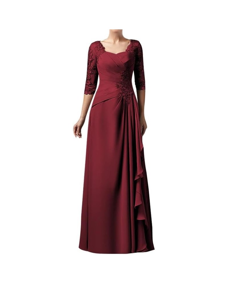 Long Mother of The Bride Dresses Lace Ruffles Wedding Guest Dresses for Women 3/4 Sleeves Burgundy $42.33 Dresses
