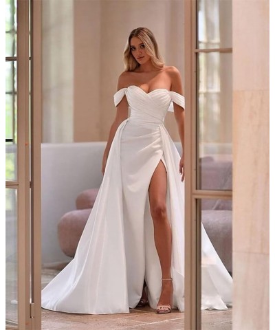 Womens Off Shoulder Mermaid Prom Dresses 2024 Satin Long with Train Wrap Satin Ruched Evening Gowns with Slit Yellow $35.20 D...