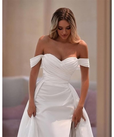 Womens Off Shoulder Mermaid Prom Dresses 2024 Satin Long with Train Wrap Satin Ruched Evening Gowns with Slit Yellow $35.20 D...