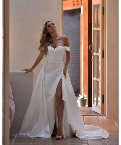 Womens Off Shoulder Mermaid Prom Dresses 2024 Satin Long with Train Wrap Satin Ruched Evening Gowns with Slit Yellow $35.20 D...