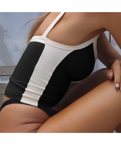 Women’s Contrast Binding Color Block Sleeveless Patchwork Crop Cami Tank Casual Square Neck Slim Fit Cropped Vest Top Black $...