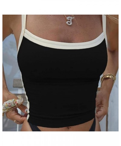 Women’s Contrast Binding Color Block Sleeveless Patchwork Crop Cami Tank Casual Square Neck Slim Fit Cropped Vest Top Black $...