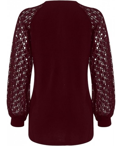 2024 Womens Spring Long Sleeve Shirts Lightweight Tshirts Lace Trim V Neck Cute Tops Summer Pleated Flowy Blouse A12- Wine $1...