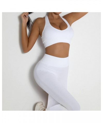 Workout Sets Two Piece Outfits for Women Clothes Gym Yoga Seamless Racerback Sports Bra Tank Tops with Biker Shorts White-lon...