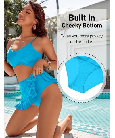 Womens High Waisted Bikini Push Up Tankini Bathing Suits Ruffle Swim Skirt 2 Piece Swimsuit Aqua Blue $20.68 Swimsuits