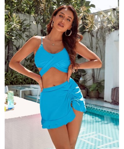Womens High Waisted Bikini Push Up Tankini Bathing Suits Ruffle Swim Skirt 2 Piece Swimsuit Aqua Blue $20.68 Swimsuits