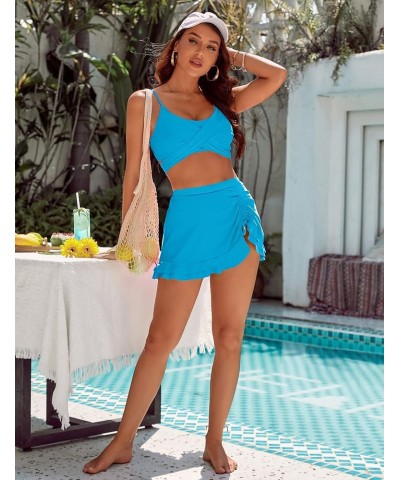 Womens High Waisted Bikini Push Up Tankini Bathing Suits Ruffle Swim Skirt 2 Piece Swimsuit Aqua Blue $20.68 Swimsuits