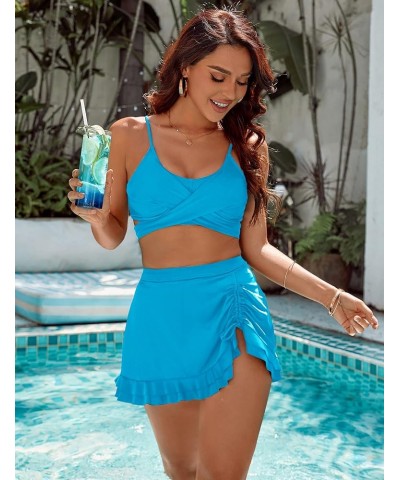 Womens High Waisted Bikini Push Up Tankini Bathing Suits Ruffle Swim Skirt 2 Piece Swimsuit Aqua Blue $20.68 Swimsuits