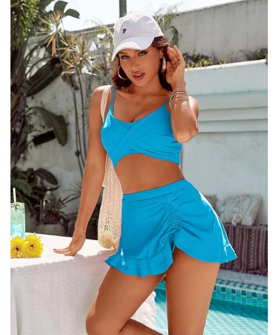 Womens High Waisted Bikini Push Up Tankini Bathing Suits Ruffle Swim Skirt 2 Piece Swimsuit Aqua Blue $20.68 Swimsuits