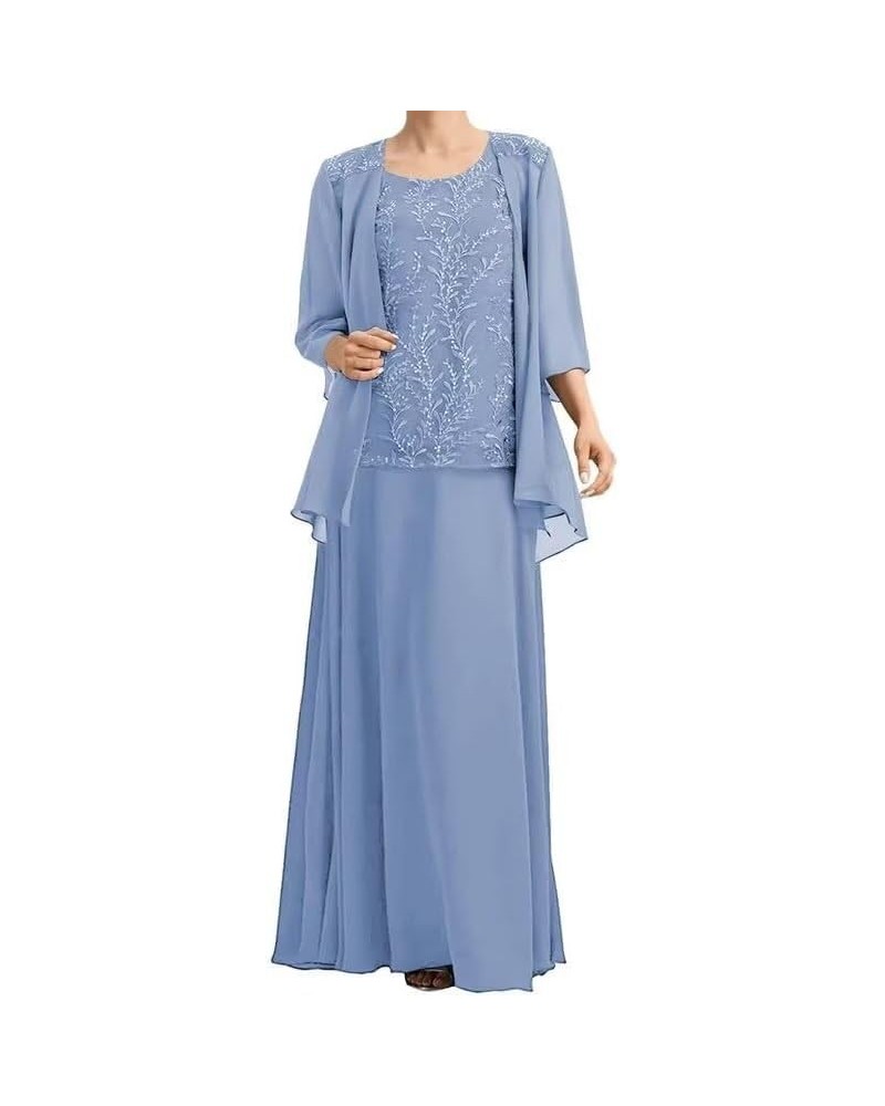 3 Pieces Mother of The Bride Dresses with Jacket Chiffon Lace Formal Wedding Guest Dresses 3/4 Sleeve Evening Gowns Dusty-blu...