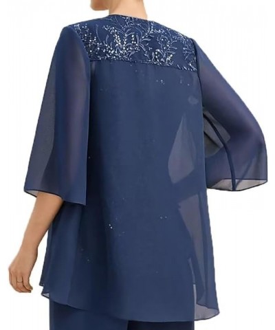 3 Pieces Mother of The Bride Dresses with Jacket Chiffon Lace Formal Wedding Guest Dresses 3/4 Sleeve Evening Gowns Dusty-blu...