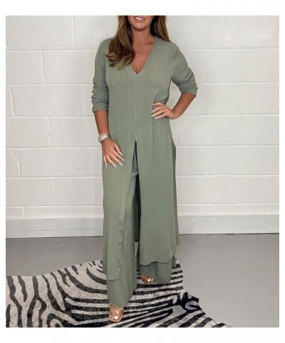 Casual Two Pieces Suit with Long Top & Matching Trouser,Women's Solid V-Neck Slit Hem Shirt Wide-Leg Pants Set Green $19.59 S...