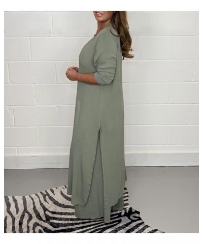 Casual Two Pieces Suit with Long Top & Matching Trouser,Women's Solid V-Neck Slit Hem Shirt Wide-Leg Pants Set Green $19.59 S...