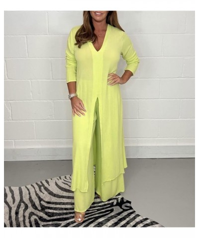 Casual Two Pieces Suit with Long Top & Matching Trouser,Women's Solid V-Neck Slit Hem Shirt Wide-Leg Pants Set Green $19.59 S...