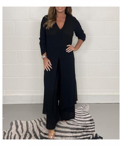Casual Two Pieces Suit with Long Top & Matching Trouser,Women's Solid V-Neck Slit Hem Shirt Wide-Leg Pants Set Green $19.59 S...