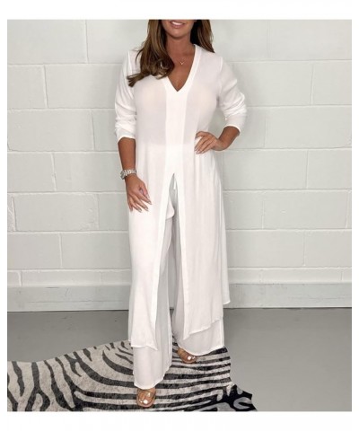 Casual Two Pieces Suit with Long Top & Matching Trouser,Women's Solid V-Neck Slit Hem Shirt Wide-Leg Pants Set Green $19.59 S...