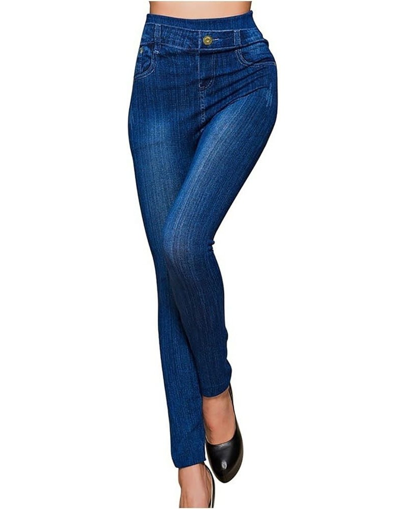 Women's Denim Print Fake Jeans Leggings Slimming Stretch Tights Seamless High Waist Tummy Control Pull On Jeggings Light Blue...