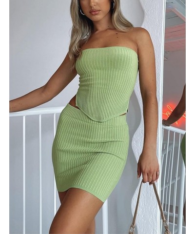 Sexy 2 Piece Skirt Sets for Women Strapless Bandeau Crop Bustier Top Bodycon Mini Skirt Suit Knit Ribbed Set Green $10.79 Suits