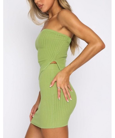 Sexy 2 Piece Skirt Sets for Women Strapless Bandeau Crop Bustier Top Bodycon Mini Skirt Suit Knit Ribbed Set Green $10.79 Suits