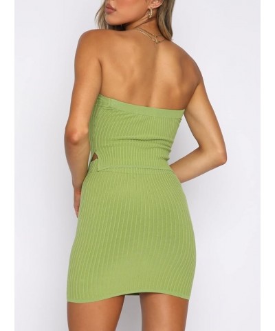 Sexy 2 Piece Skirt Sets for Women Strapless Bandeau Crop Bustier Top Bodycon Mini Skirt Suit Knit Ribbed Set Green $10.79 Suits