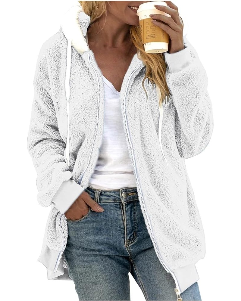 Women's Fuzzy Fleece Jacket Oversized Sherpa Fur Coat with Hood Winter Warm Shaggy Teddy Coats Long Sleeve Outwear D01-white ...