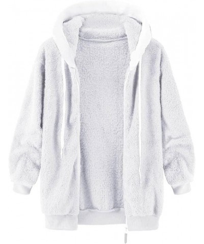 Women's Fuzzy Fleece Jacket Oversized Sherpa Fur Coat with Hood Winter Warm Shaggy Teddy Coats Long Sleeve Outwear D01-white ...