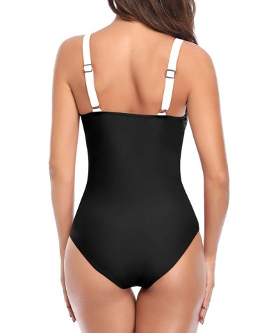 Women Ruched Slimming One Piece Swimsuits Tummy Control Vintage Bathing Suits Black Striped $18.55 Swimsuits
