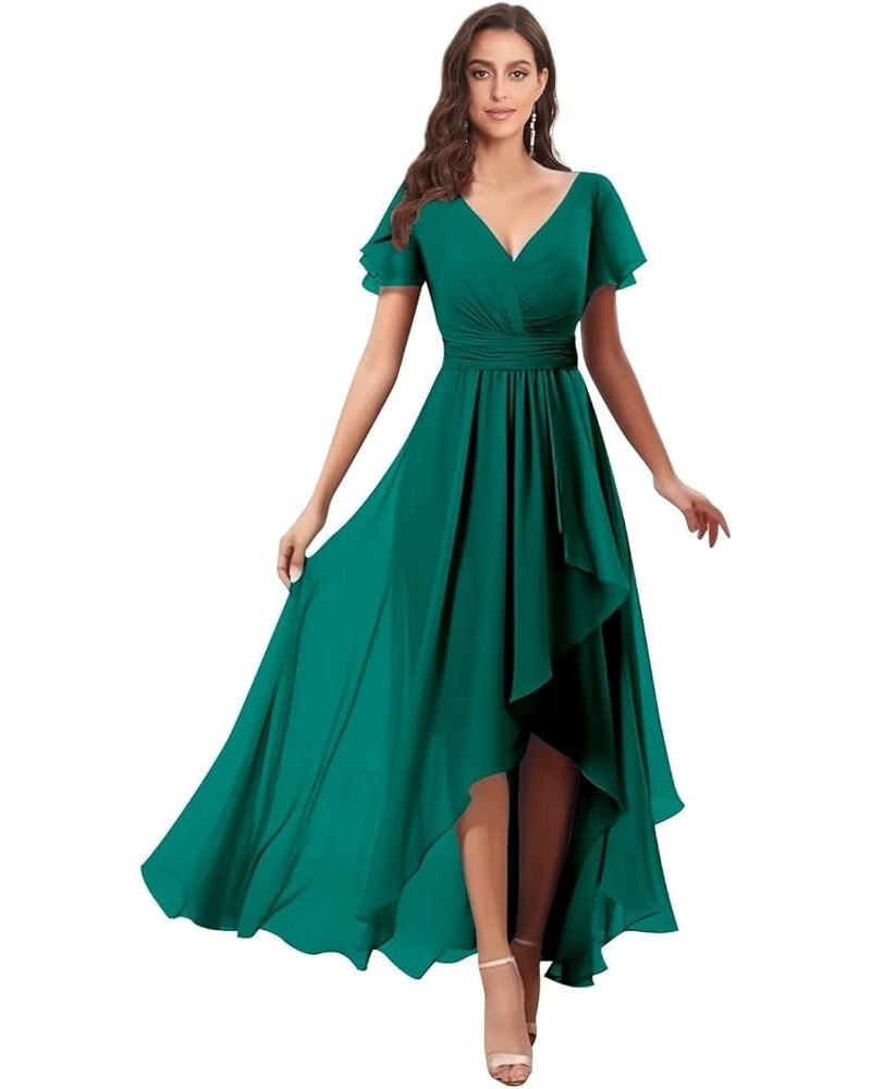 V Neck Bridesmaid Dresses for Wedding with Sleeves Ruffle High Low Chiffon Mother of The Bride Dresses Teal $20.00 Dresses