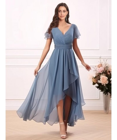 V Neck Bridesmaid Dresses for Wedding with Sleeves Ruffle High Low Chiffon Mother of The Bride Dresses Teal $20.00 Dresses