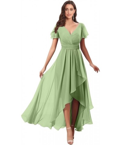 V Neck Bridesmaid Dresses for Wedding with Sleeves Ruffle High Low Chiffon Mother of The Bride Dresses Teal $20.00 Dresses