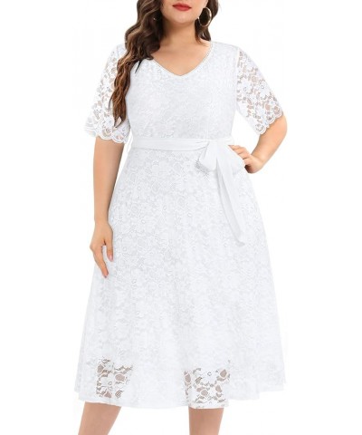 Women Plus Size Lace Bridal Shower Wedding Guest Cocktail Semi Formal V Neck Short Sleeve Midi Dresses White (Long Length) $2...