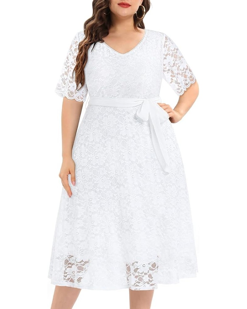 Women Plus Size Lace Bridal Shower Wedding Guest Cocktail Semi Formal V Neck Short Sleeve Midi Dresses White (Long Length) $2...